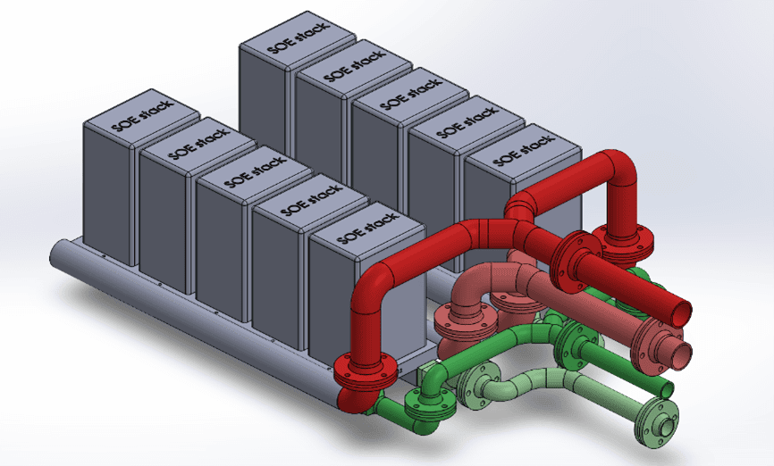 Multiple SOE stack unit with air distribution system (red) and fuel distribution system (green).