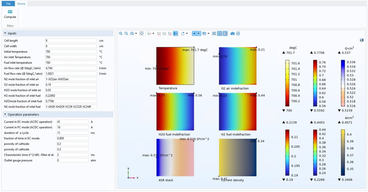 Figure 6: Parameters that can be adjusted in the COMSOL application to control AC:DC operation, and the output window of various fields solved in the model.