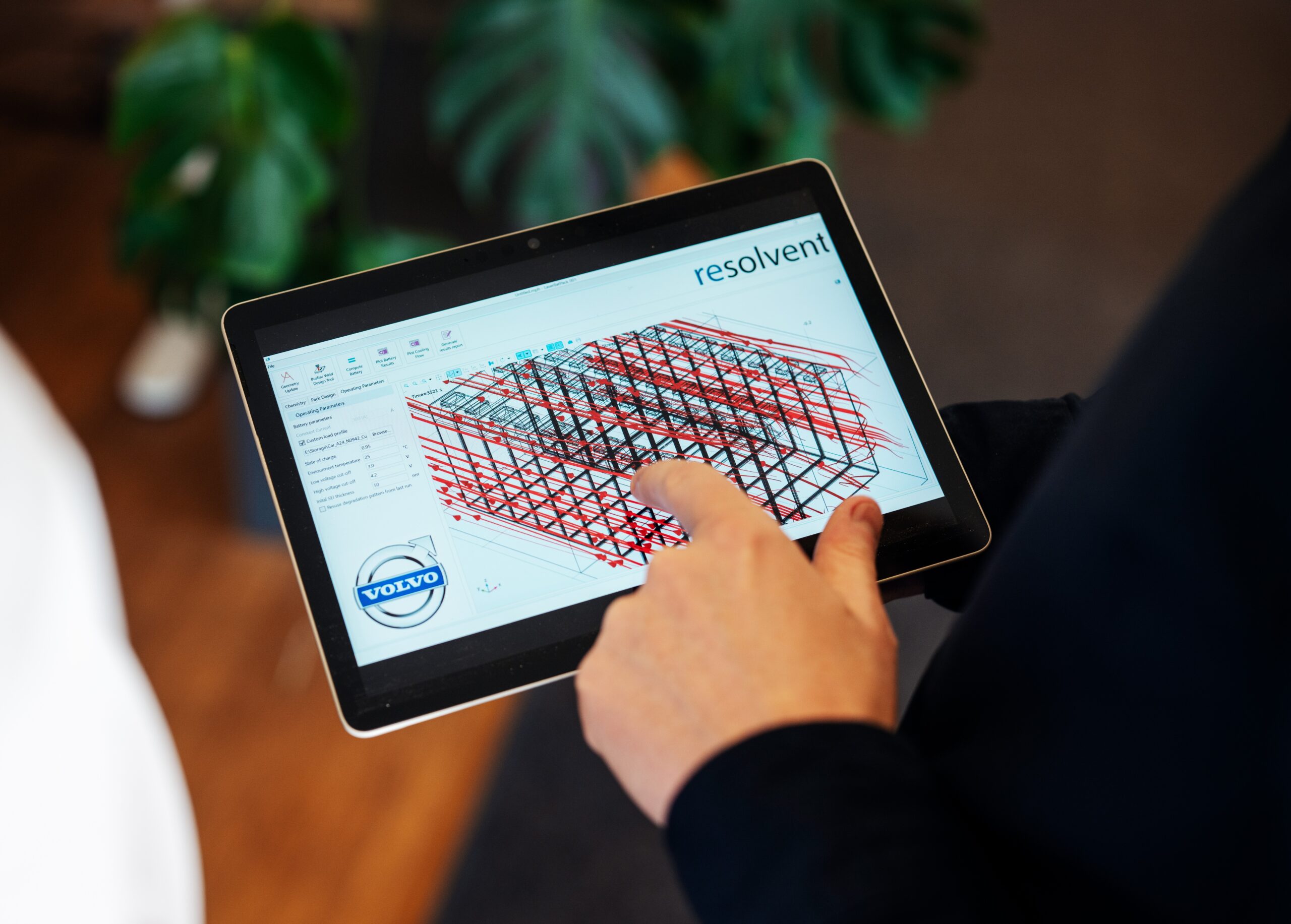 resolvent multiphysics simulation case study and latest engineering updates, featuring the Volvo project on a tablet.